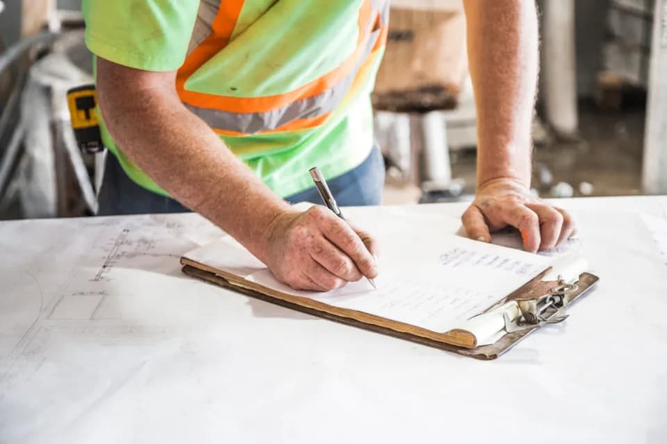 Engineer in a high-visibility vest signing a document on a clipboard.