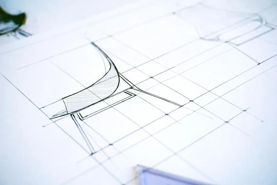 Architectural design sketch with construction lines on paper.